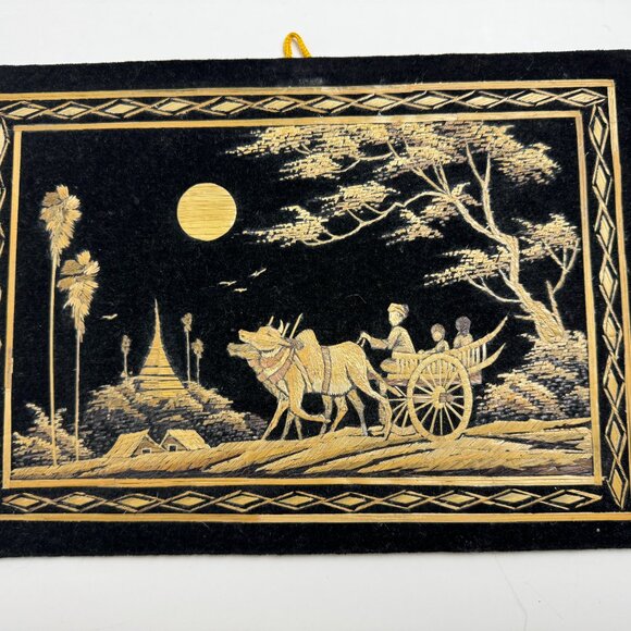 Vintage Wall Art Asian Scene Straw on Black VelvetHandmade